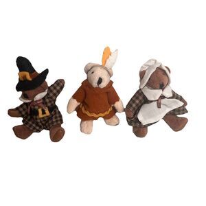 Russ Berrie Tiny Town Minis Teddy Bears 3" Thanksgiving Pilgrims Indian Vintage
